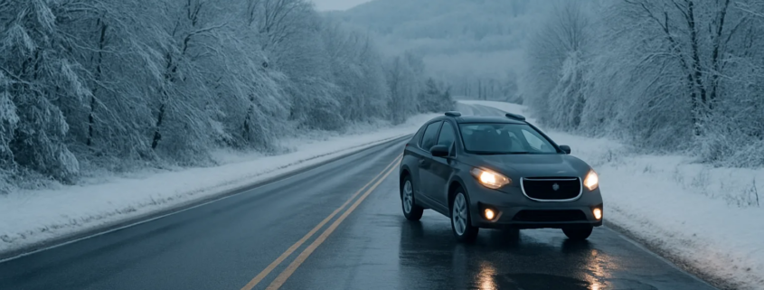 Michigan black ice accident liability represented by a winter road with a subtle icy surface