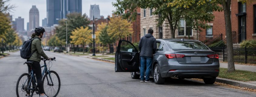 Detroit bicycle accident lawyer article image showing a cyclist near an open car door on a city street
