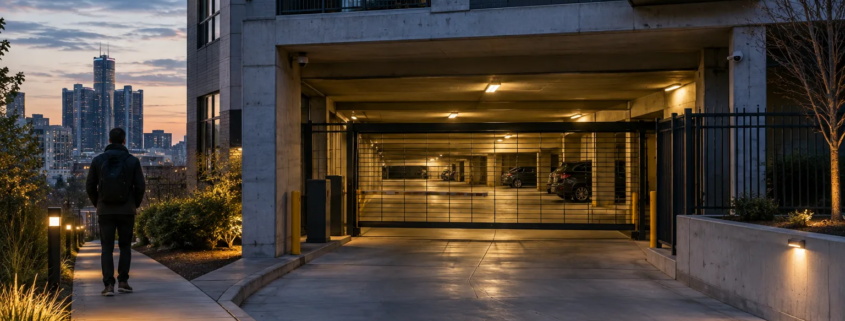 Detroit apartment garage entrance illustrating a potential negligent security review after an assault
