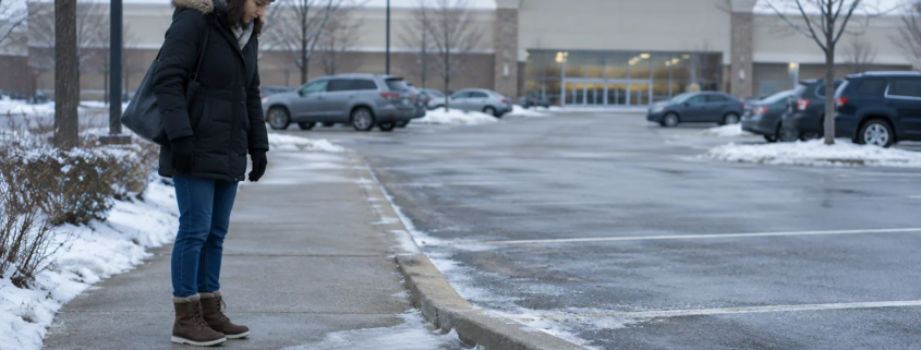 Grand Rapids icy parking lot slip and fall hazard near a business walkway