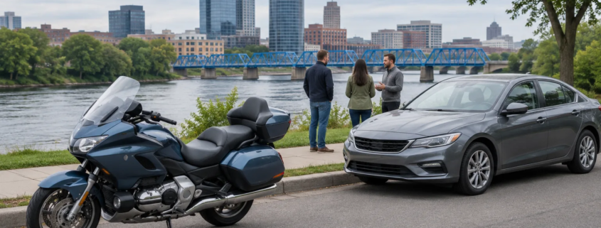 Grand Rapids motorcycle accident insurance coverage context with a motorcycle and car safely parked