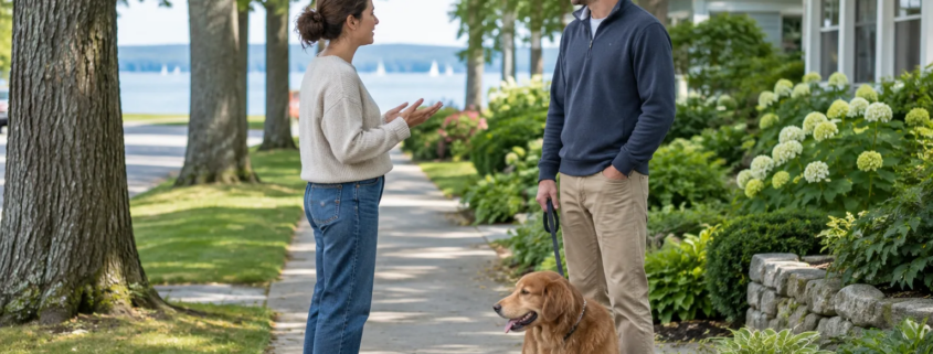 Traverse City dog bite lawyer topic shown in a calm neighborhood scene with a leashed dog