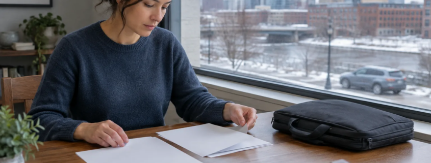 Michigan car accident lost wages represented by a worker organizing records at home in Grand Rapids