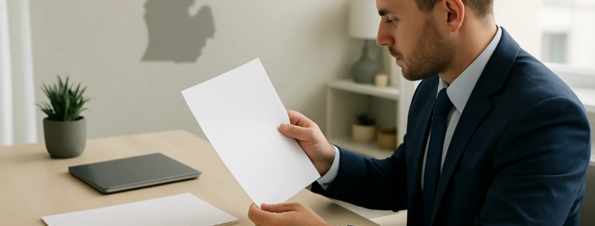 Michigan personal injury medical liens settlement documents reviewed at a professional desk